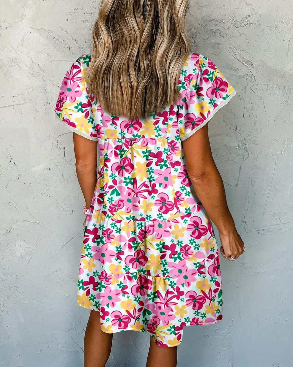 Abstract Flutter Sleeve Tiered Dress