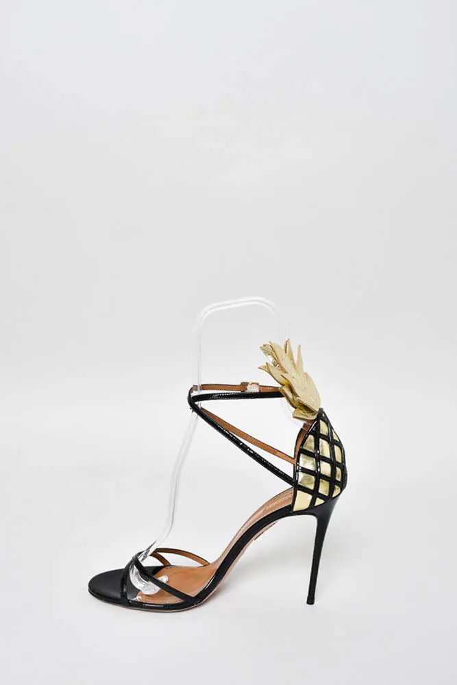 Aquazzura Black Patent Leather Strappy High Heel w/ Gold Leaf Detail Size 41