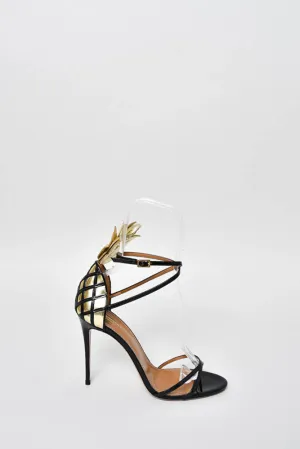 Aquazzura Black Patent Leather Strappy High Heel w/ Gold Leaf Detail Size 41