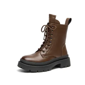 BeauToday Cow Leather Round Toe Lace Up Combat Boots with Side Zipper For Women