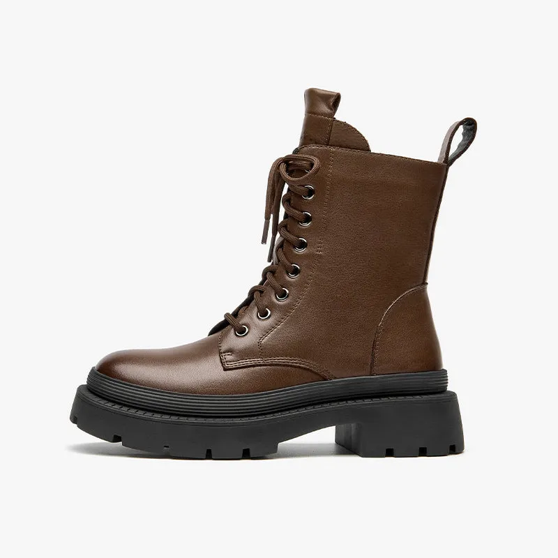 BeauToday Cow Leather Round Toe Lace Up Combat Boots with Side Zipper For Women
