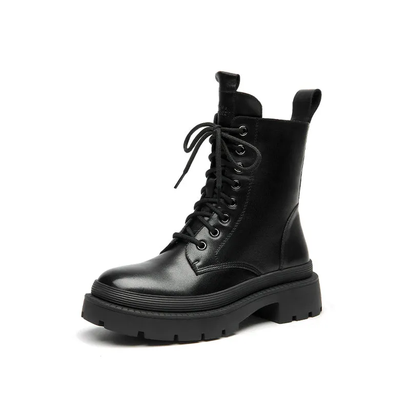 BeauToday Cow Leather Round Toe Lace Up Combat Boots with Side Zipper For Women