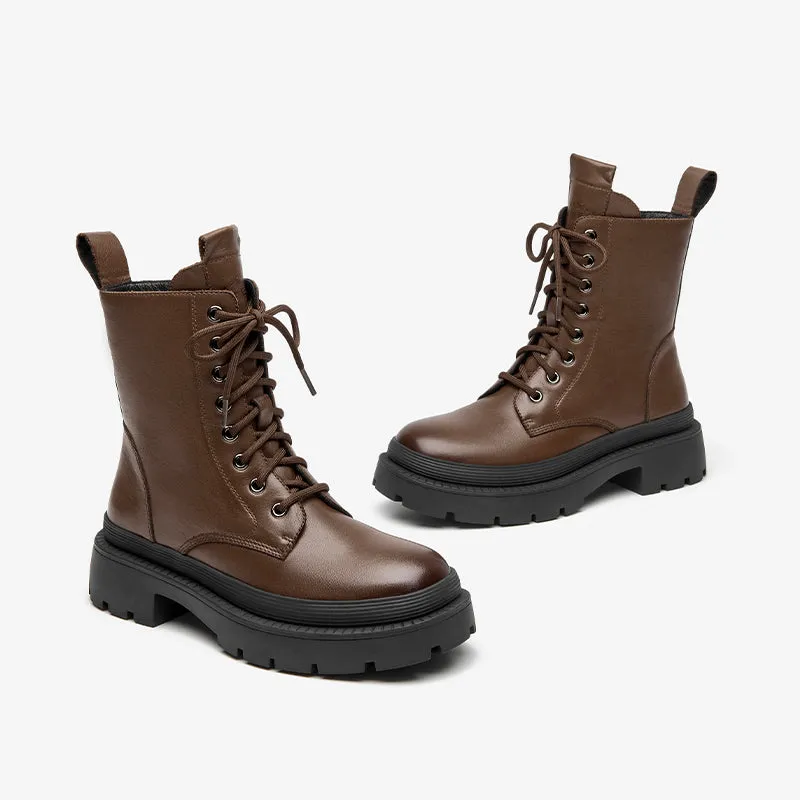 BeauToday Cow Leather Round Toe Lace Up Combat Boots with Side Zipper For Women