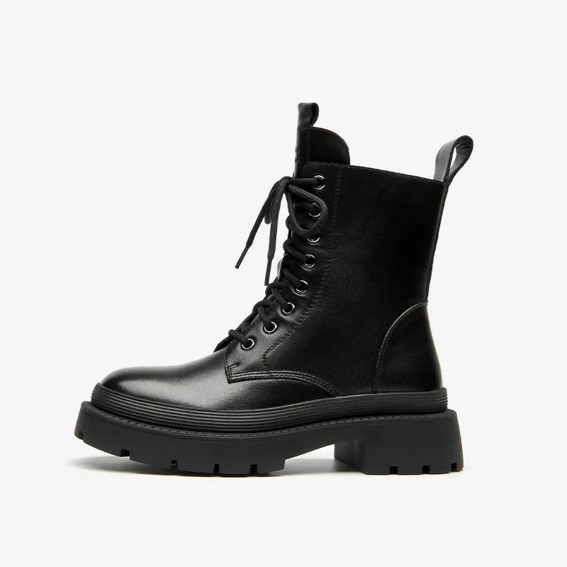 BeauToday Cow Leather Round Toe Lace Up Combat Boots with Side Zipper For Women