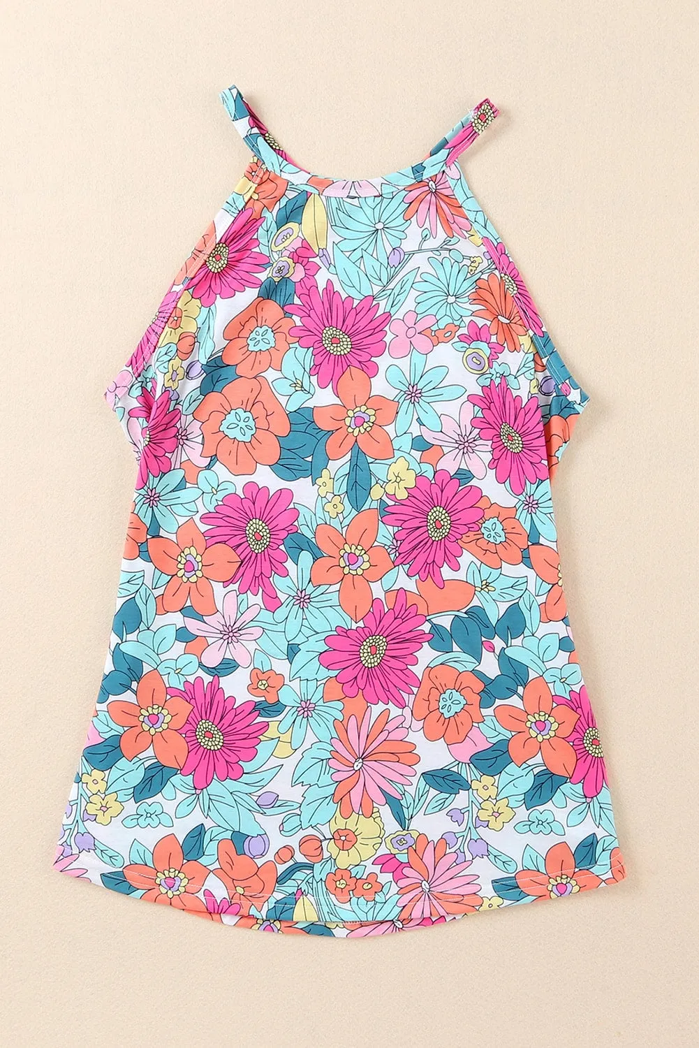 Blue Multicolor Floral Print Sleeveless Tank Top