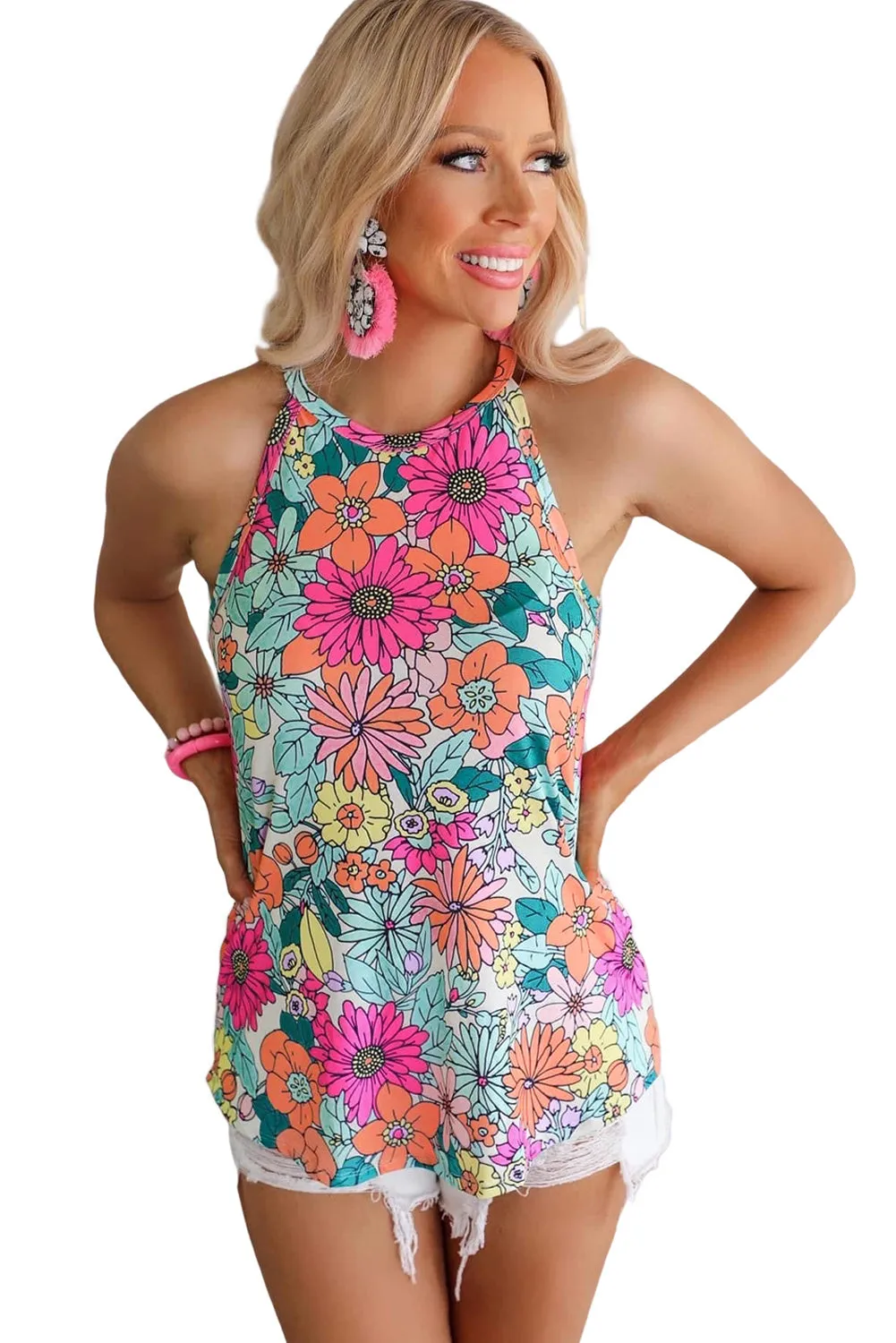 Blue Multicolor Floral Print Sleeveless Tank Top