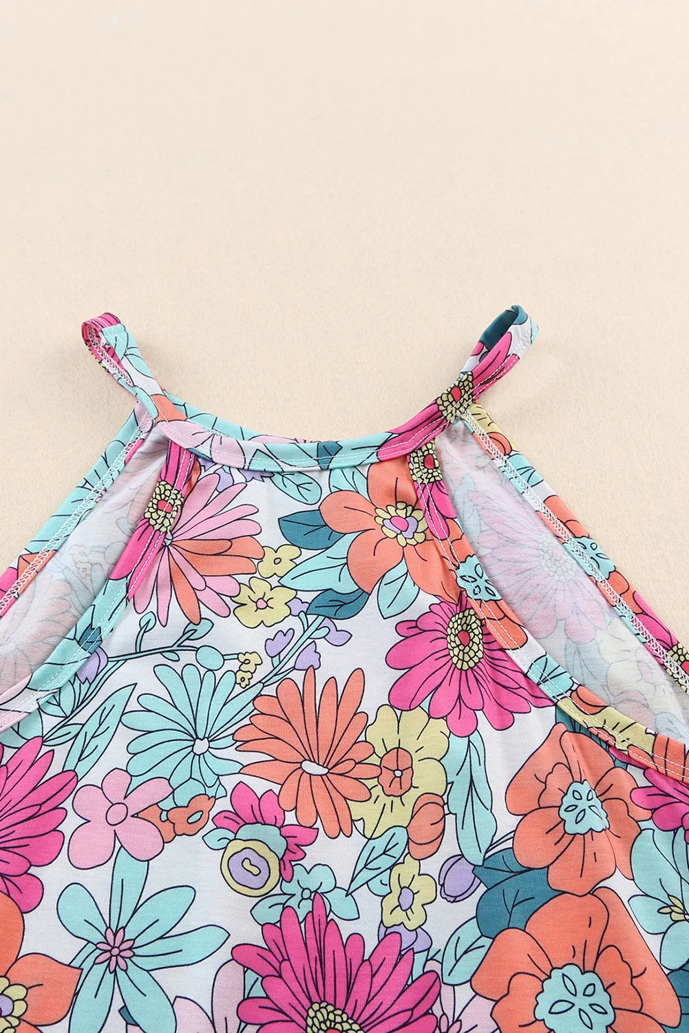 Blue Multicolor Floral Print Sleeveless Tank Top