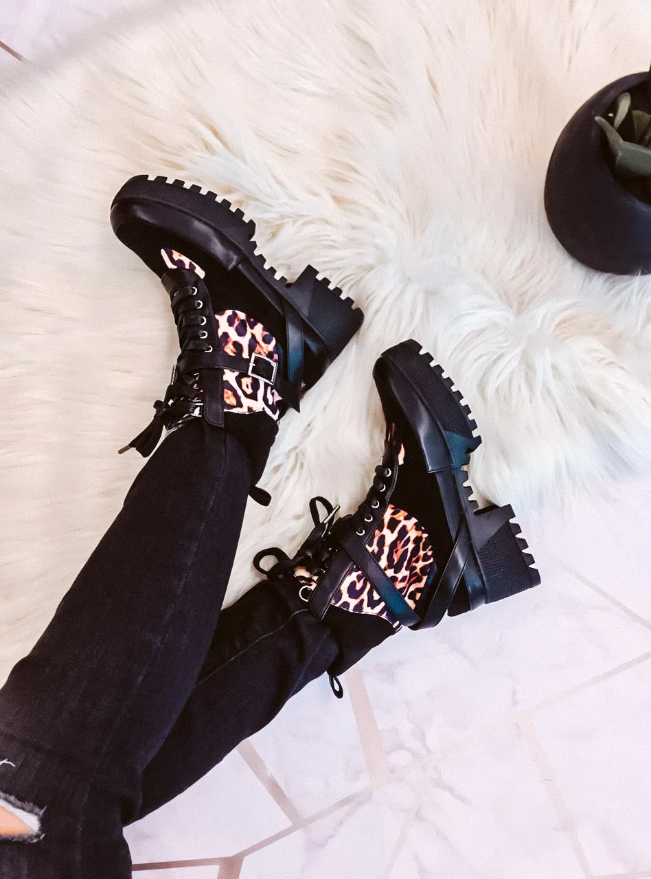 CAPE ROBBIN Chase Leopard Print Cutouts Black Combat Lace Up Lug Sole Bootie