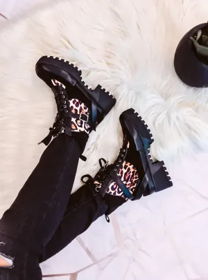 CAPE ROBBIN Chase Leopard Print Cutouts Black Combat Lace Up Lug Sole Bootie