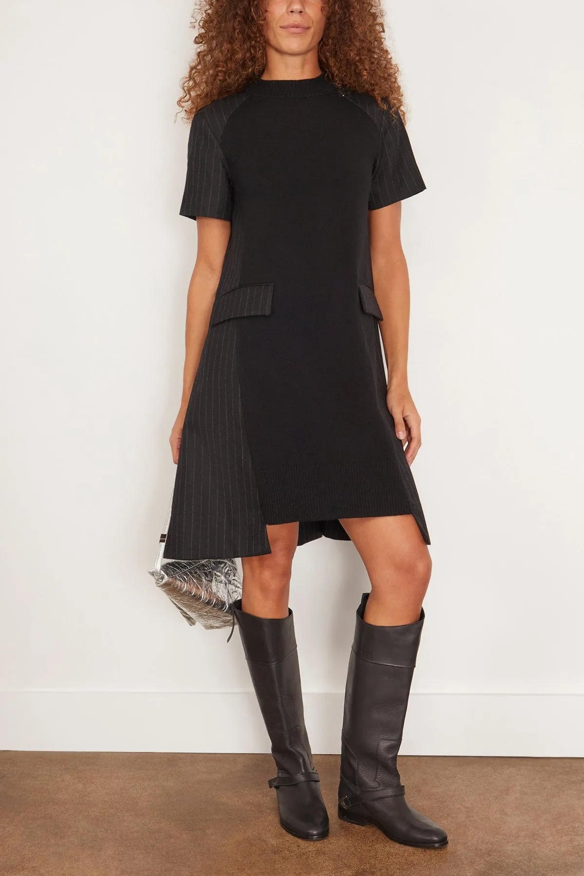 Chalk Stripe x Wool Knit Dress in Black