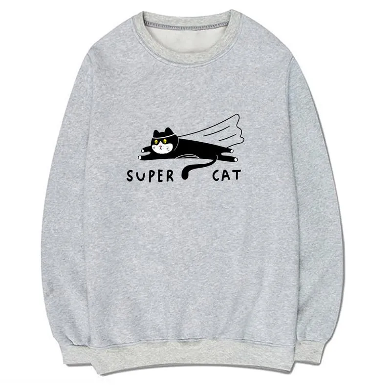 CORIRESHA Teen Funny Running Cat Crew Neck Long Sleeve Soft Cotton Cute Sweatshirt