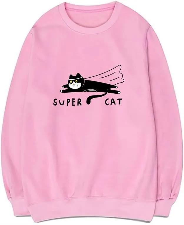 CORIRESHA Teen Funny Running Cat Crew Neck Long Sleeve Soft Cotton Cute Sweatshirt