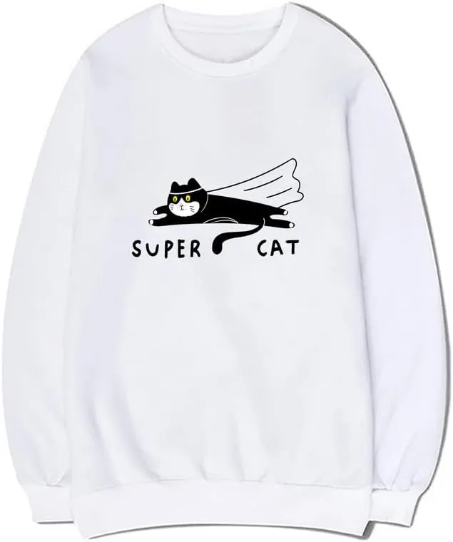 CORIRESHA Teen Funny Running Cat Crew Neck Long Sleeve Soft Cotton Cute Sweatshirt
