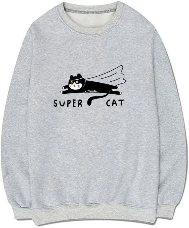 CORIRESHA Teen Funny Running Cat Crew Neck Long Sleeve Soft Cotton Cute Sweatshirt