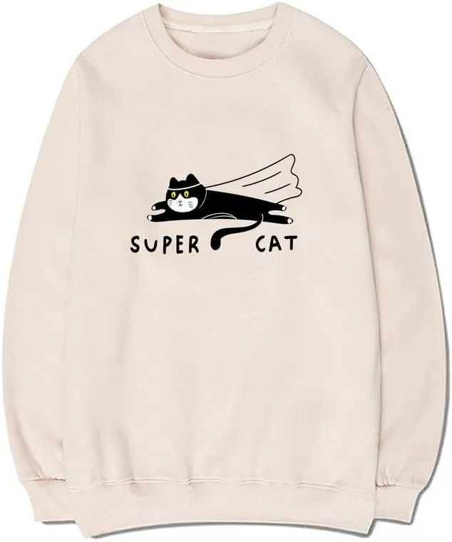 CORIRESHA Teen Funny Running Cat Crew Neck Long Sleeve Soft Cotton Cute Sweatshirt