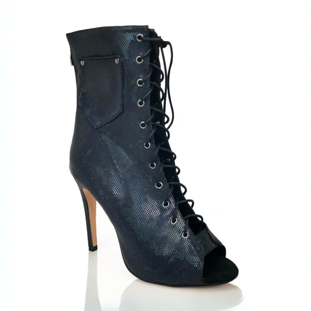 Deja Vu - Black Blue Metallic By Kiira Harper - Lace Up Latin Dance Booties (Street Sole)