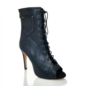 Deja Vu - Black Blue Metallic By Kiira Harper - Lace Up Latin Dance Booties (Street Sole)