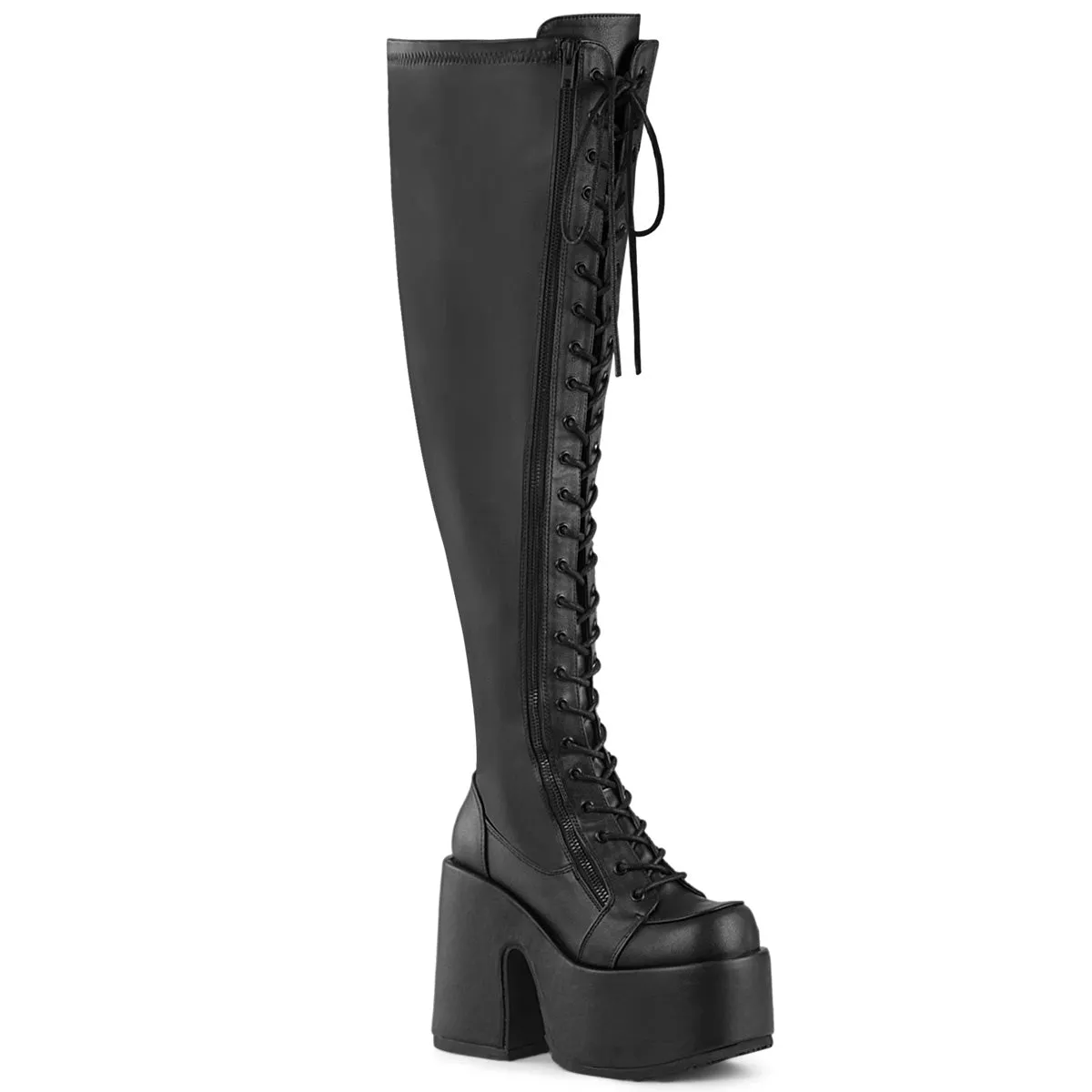 DemoniaCult Camel 300WC Womens 5" Heel, Platform Front Lace, Stretch Fit, Wide Fit Over-Knee-Boots
