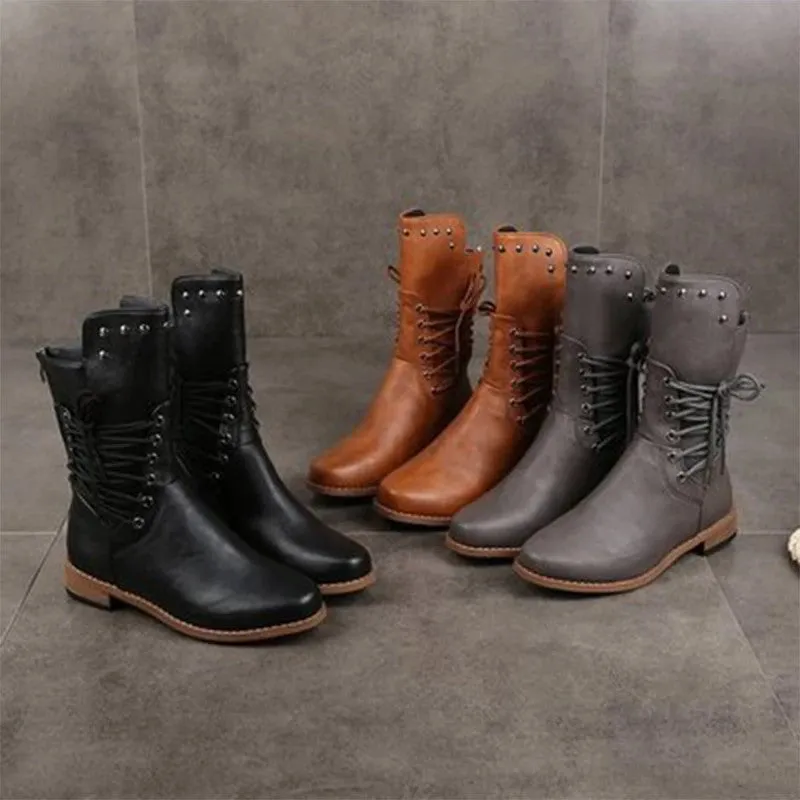 elveswallet Lace Up Rivet Low Heels Boots