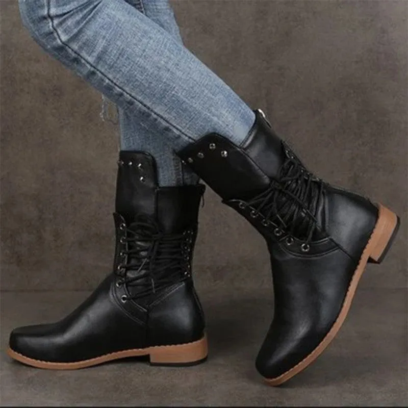 elveswallet Lace Up Rivet Low Heels Boots