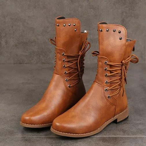 elveswallet Lace Up Rivet Low Heels Boots