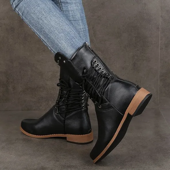 elveswallet Lace Up Rivet Low Heels Boots