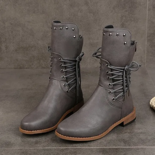 elveswallet Lace Up Rivet Low Heels Boots