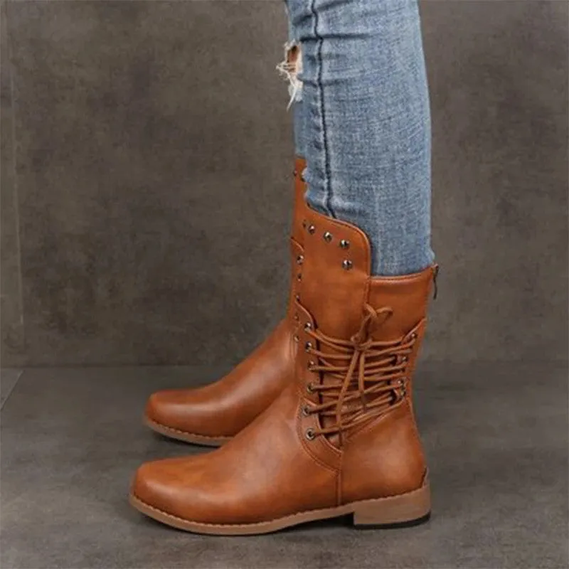 elveswallet Lace Up Rivet Low Heels Boots