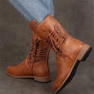 elveswallet Lace Up Rivet Low Heels Boots