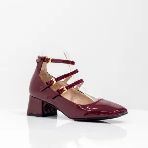 Flyfor pat double belt 5cm block heel court shoe wine