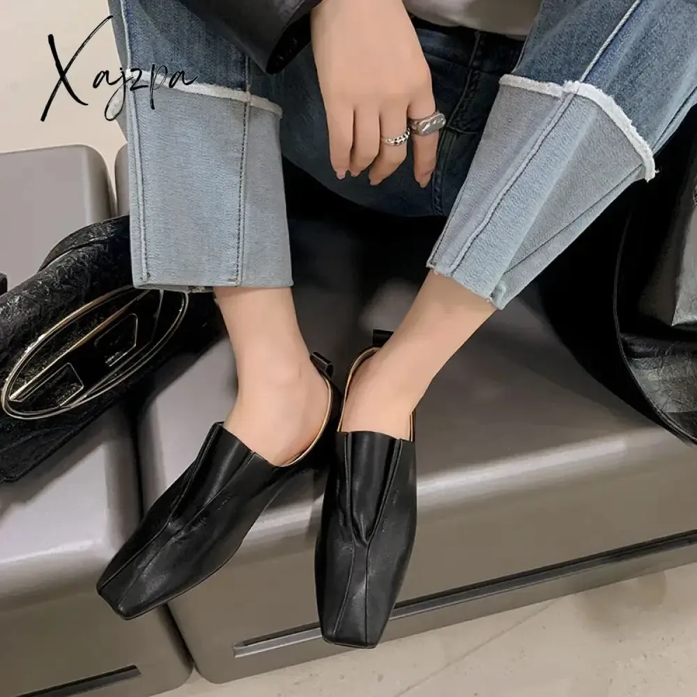 Genuine Leather Loafers For Women Sheep Skin Fashion Pleated Office Lady Flat Slip On Soft Lazy Shoes Square Toe Loafers