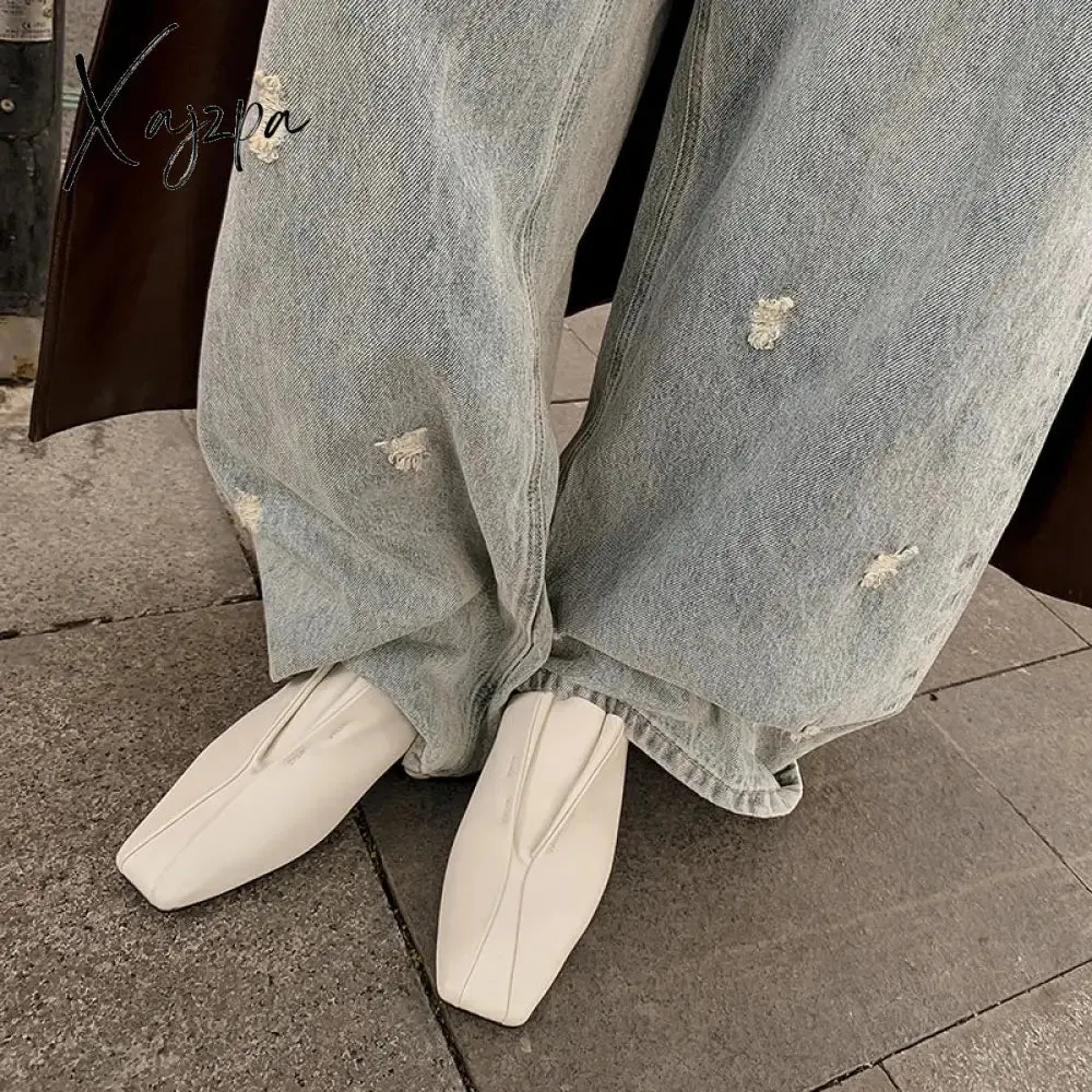 Genuine Leather Loafers For Women Sheep Skin Fashion Pleated Office Lady Flat Slip On Soft Lazy Shoes Square Toe Loafers