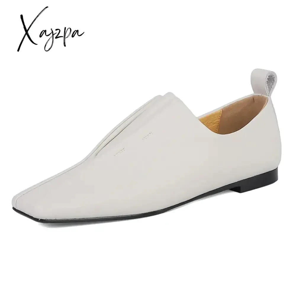 Genuine Leather Loafers For Women Sheep Skin Fashion Pleated Office Lady Flat Slip On Soft Lazy Shoes Square Toe Loafers