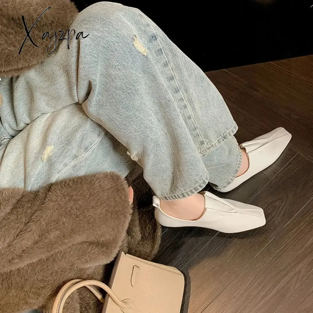 Genuine Leather Loafers For Women Sheep Skin Fashion Pleated Office Lady Flat Slip On Soft Lazy Shoes Square Toe Loafers