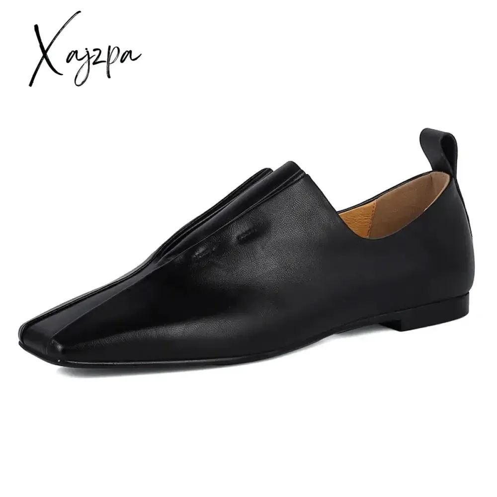 Genuine Leather Loafers For Women Sheep Skin Fashion Pleated Office Lady Flat Slip On Soft Lazy Shoes Square Toe Loafers
