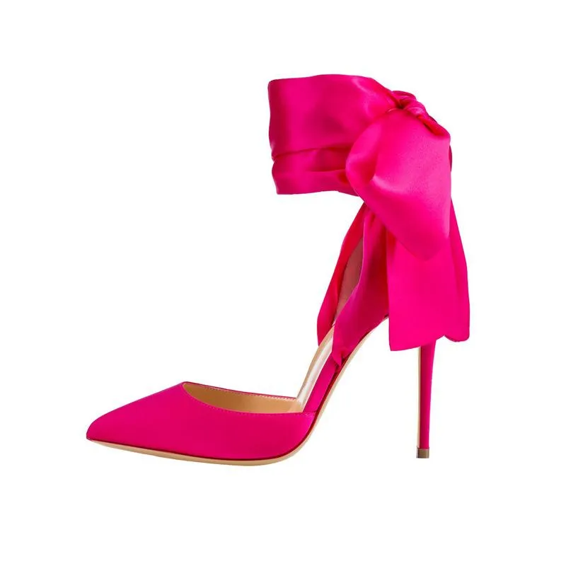 Hot Pink Heels Pointed-Toe Hollowed Satin Girdle  Ultra-Fine High Heel Women's Party Shoes