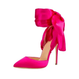 Hot Pink Heels Pointed-Toe Hollowed Satin Girdle  Ultra-Fine High Heel Women's Party Shoes