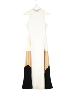 Karen Millen Cream Soft Tailored Midi Dress With Pleated Skirt And Contrast Side Panels UK 8