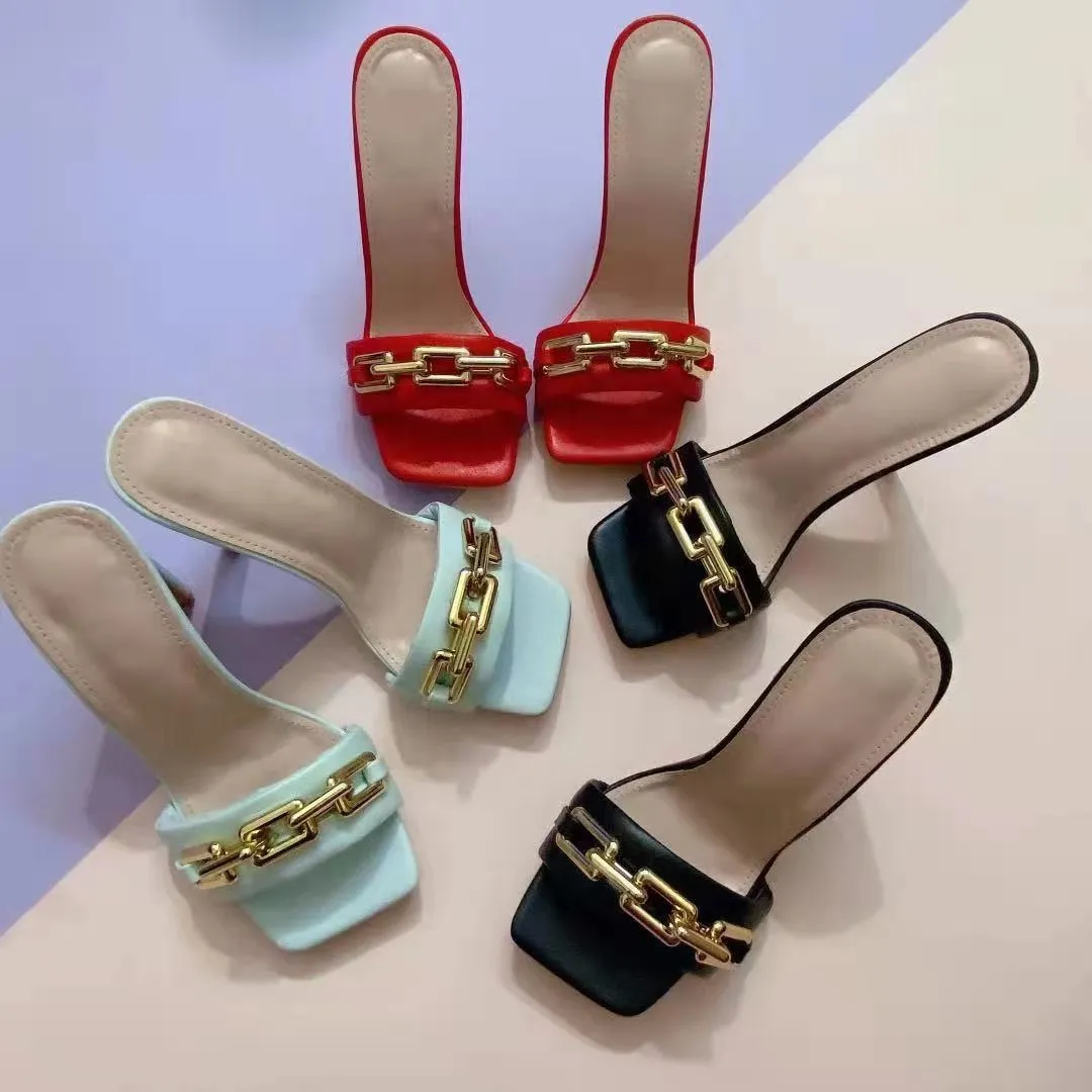 Metal chain high heel slippers
