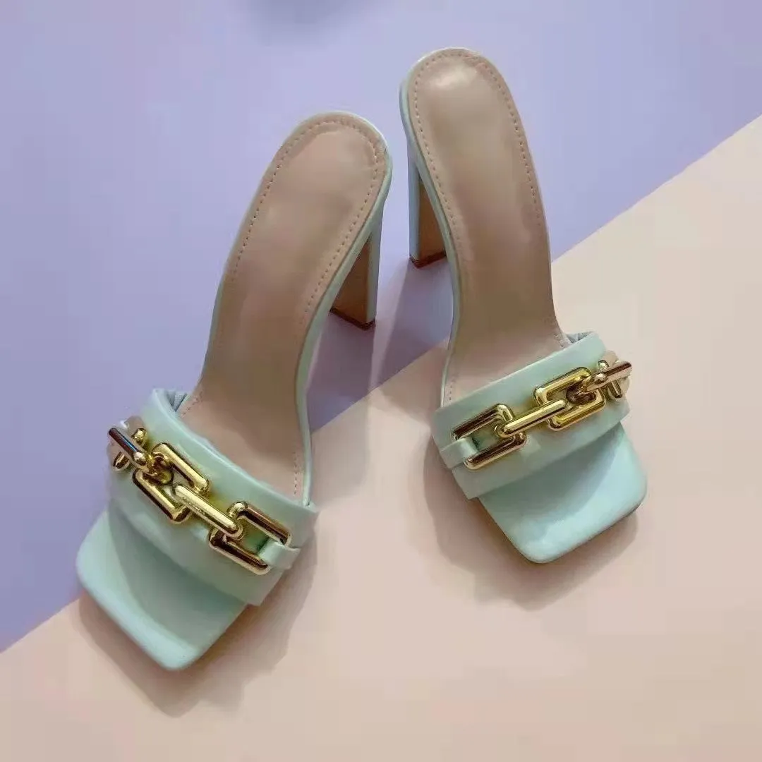 Metal chain high heel slippers
