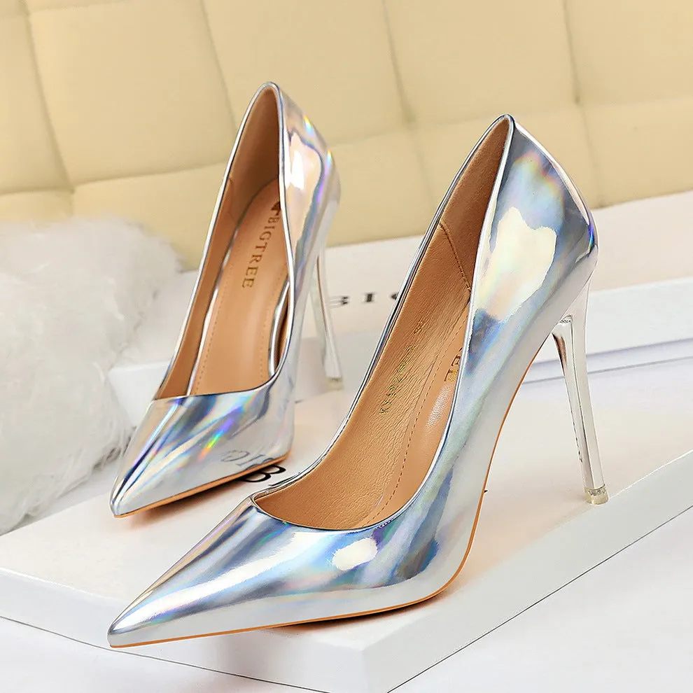 Metallic High Heel Shiny Patent Leather Slimming Shoes