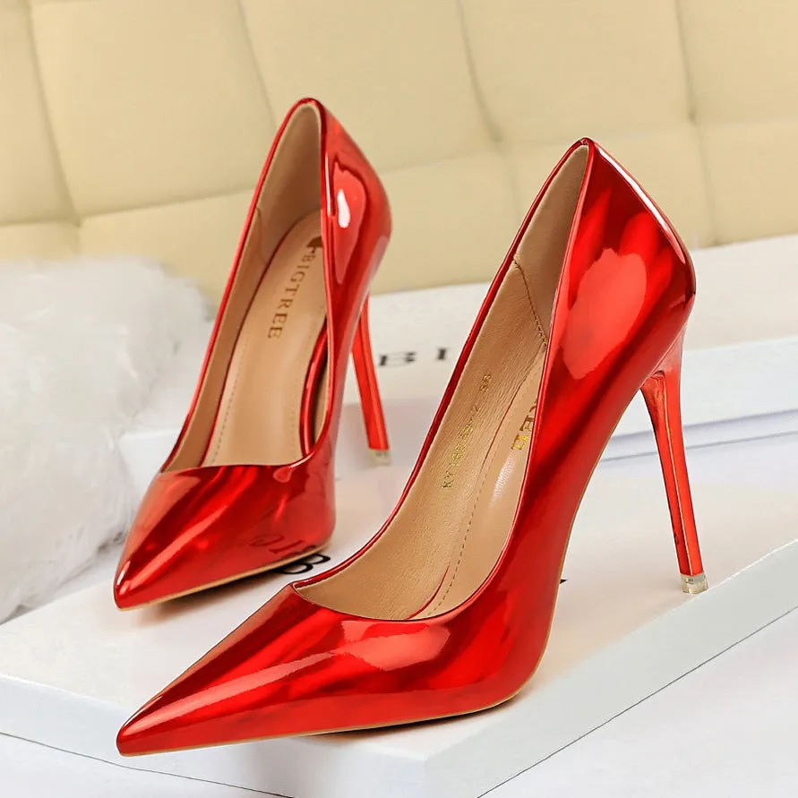 Metallic High Heel Shiny Patent Leather Slimming Shoes