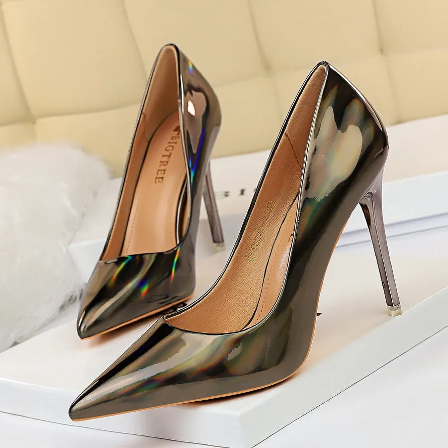 Metallic High Heel Shiny Patent Leather Slimming Shoes