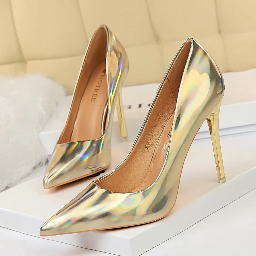 Metallic High Heel Shiny Patent Leather Slimming Shoes