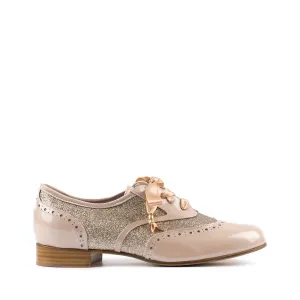Paoul Desdemona Ladies Pearled Powder Patent Derby Bridal or Social Dance Shoe with Light Platinum Glitter and Satin Bow