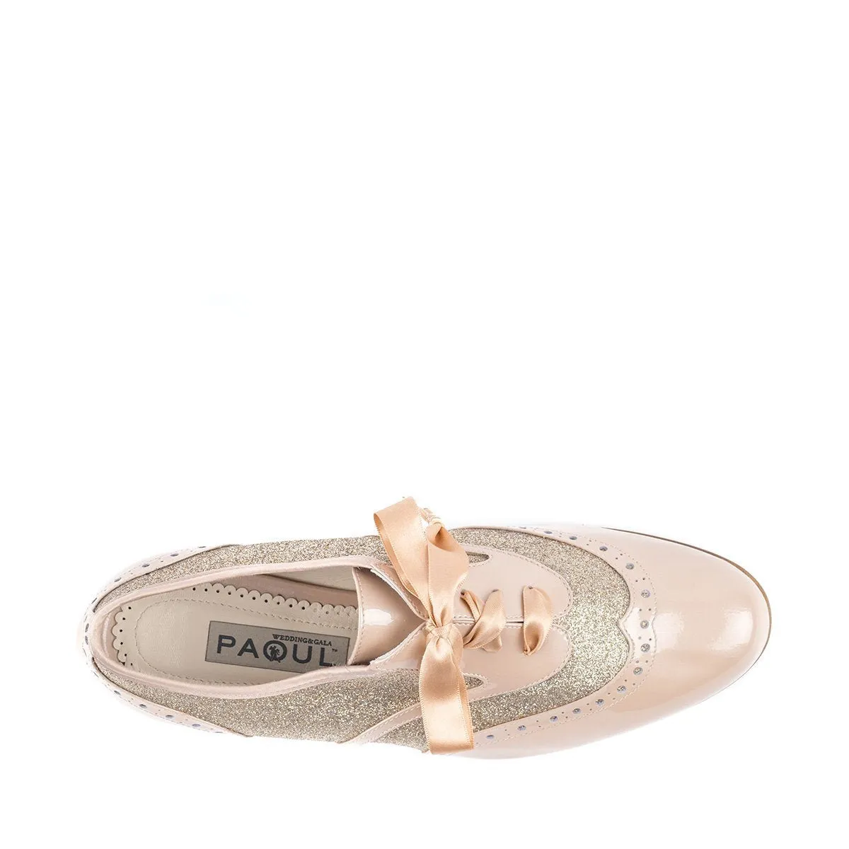 Paoul Desdemona Ladies Pearled Powder Patent Derby Bridal or Social Dance Shoe with Light Platinum Glitter and Satin Bow