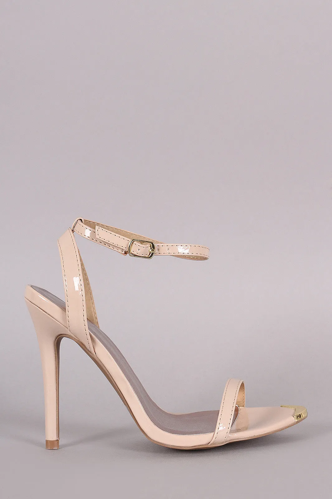 Qupid Patent Gold Tip Ankle Strap Stiletto Heel