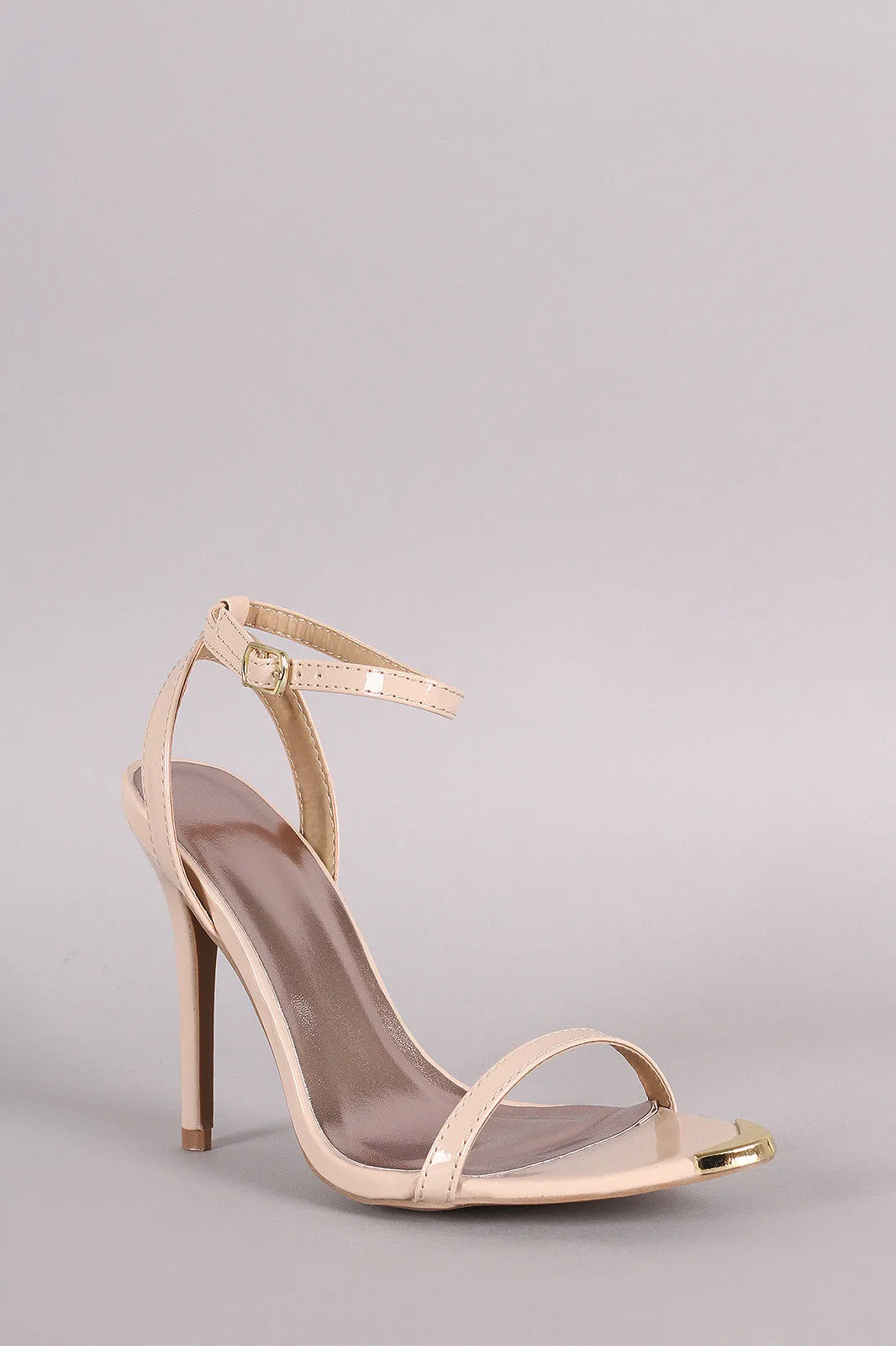 Qupid Patent Gold Tip Ankle Strap Stiletto Heel