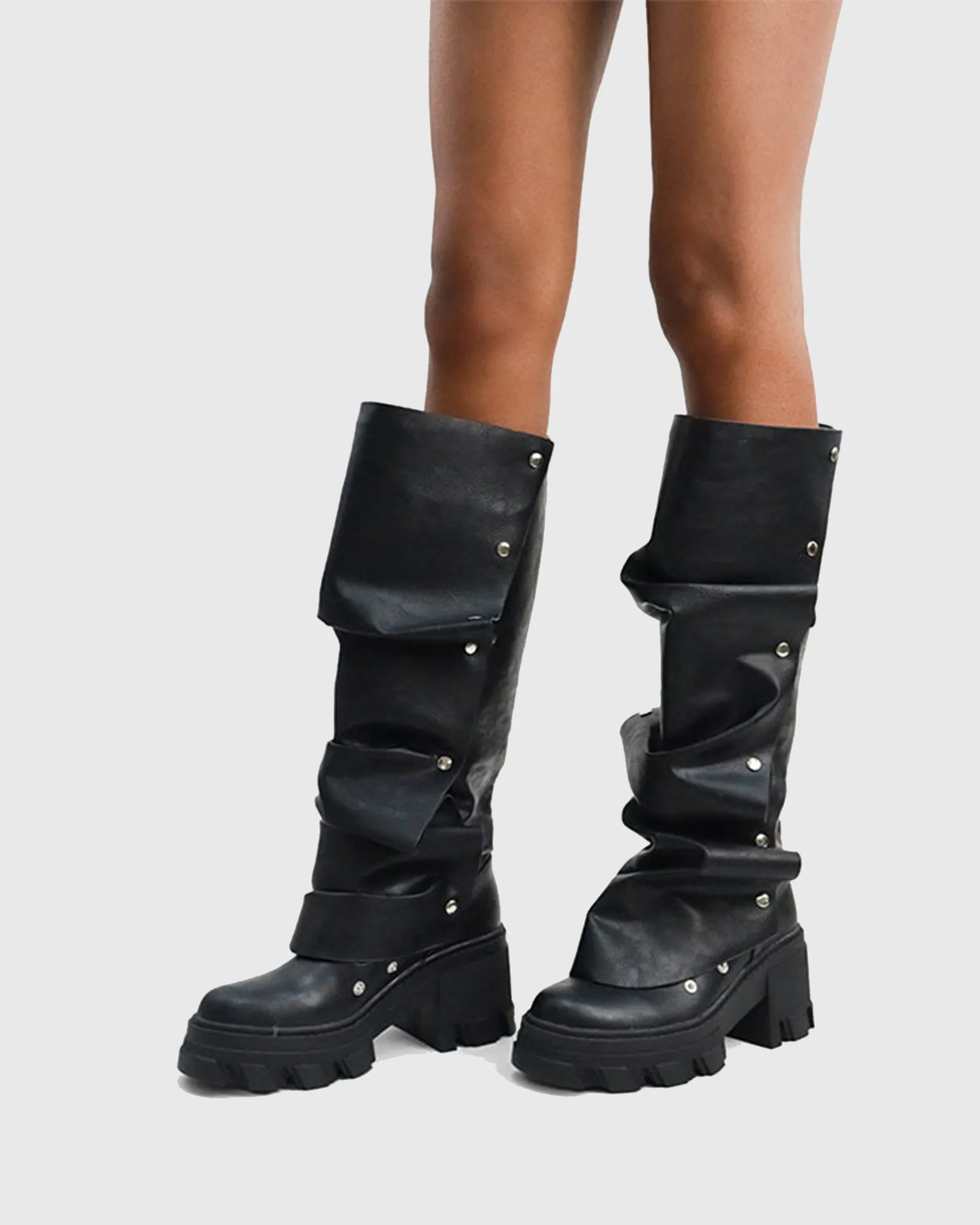 Santa Rivet Removable Ruched Marten Boots In Black