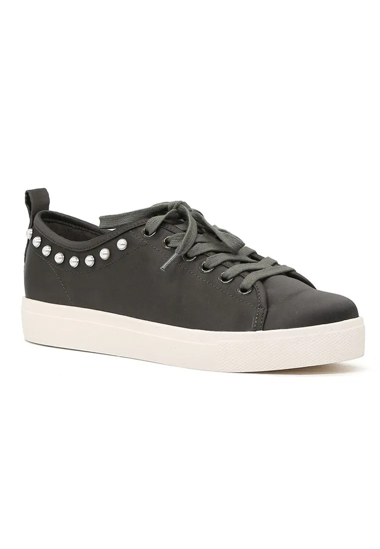 Shawna Grey Metallic Pearl Lace Up Sneakers